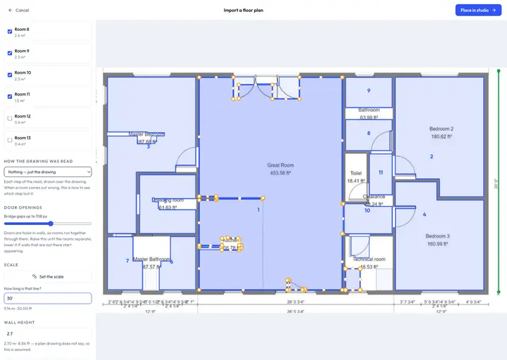 The plan review screen: eleven room outlines found on a floor plan, one switched off, the scale line and the wall height