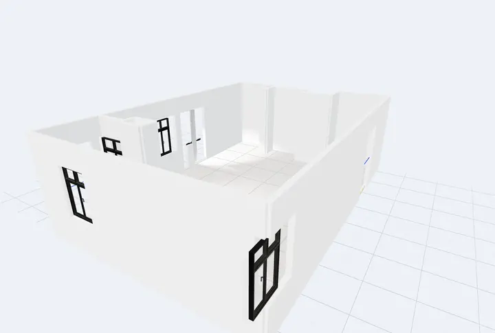 The same plan as a 3D room in the studio, white walls, door openings cut, a first-person walk inset